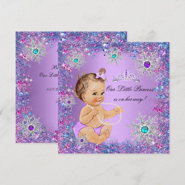 Convite Chuva Azul Roxo Rosa Princesa Baby Shower Marrom (Frente/Verso)