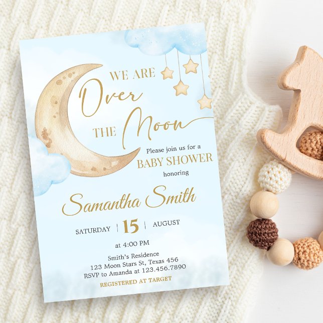 Convite Chuva Azul Sobre a Lua - Chás de Bebê  (Over the Moon Baby Shower Invitation)