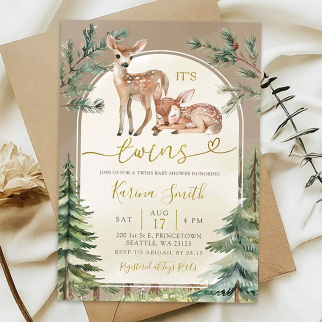 Convite Chuva Boho Veado Gêmeos Floresta Baby Shower (Criador carregado)