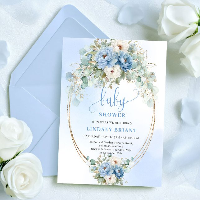 Convite Chuva Botânica Boho Flores Azuis Eucalipto Baby Sh (Botanical Boho Blue Flowers Eucalyptus Baby Shower)