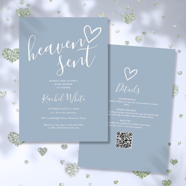 Convite Chuva Celestial Azul Empoeirado Tudo Em Um Chá de  (Heaven Sent Dusty Blue All In One Baby Shower Invitation)