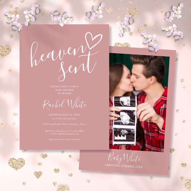 Convite Chuva Celestial Rosa Poeira Foto Menina Chá de Beb (Heaven Sent Dusty Rose Pink Photo Girl Baby Shower Invitation)