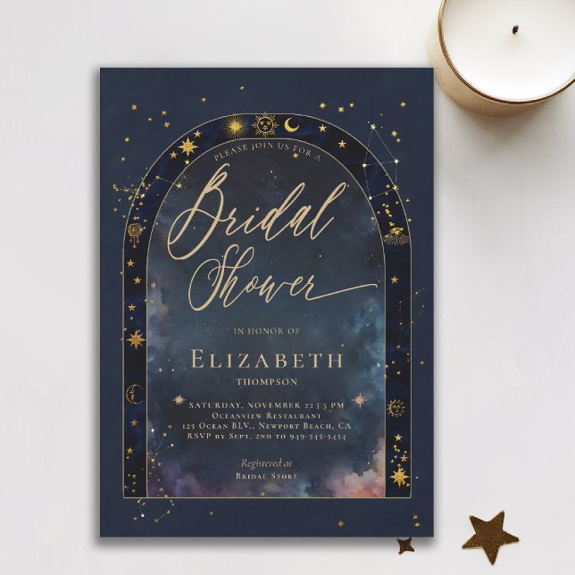 Convite Chuva Celestial Zodíaco Estelar Noivado Banho (celestial bridal shower invitation zodiac signs astrology oracle universe mystical waters navy blue )