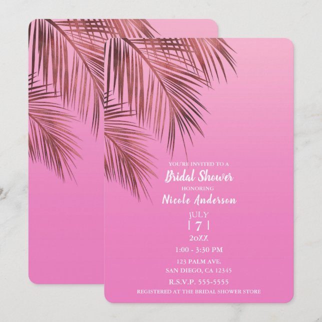 Convite Chuva das Bahamas Bronze Palma Rosa Chá de Noiva (Frente/Verso)