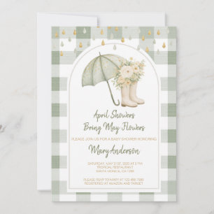 Convite Chuva de Abril em Verde Xadrez Baby Shower 