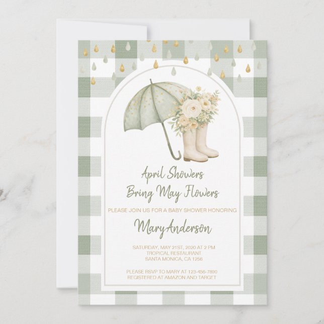 Convite Chuva de Abril em Verde Xadrez Baby Shower  (Frente)