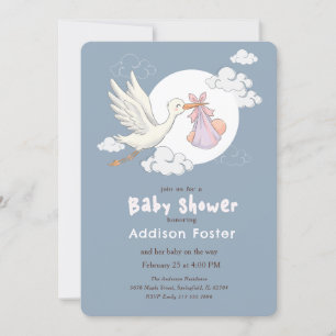 Convite Chuva de Água Azul Menina Cegonha Baby Shower