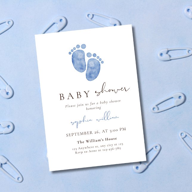 Convite Chuva de Água Azul Pegadas de Bebê Baby Shower (Criador carregado)