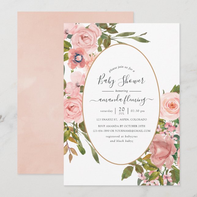 Convite Chuva de água Rosa Bege e Dourado Rosa para Chás d (Frente/Verso)