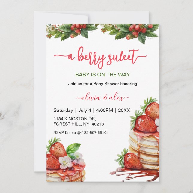 Convite Chuva de água Script Morango doce Baby shower (Frente)