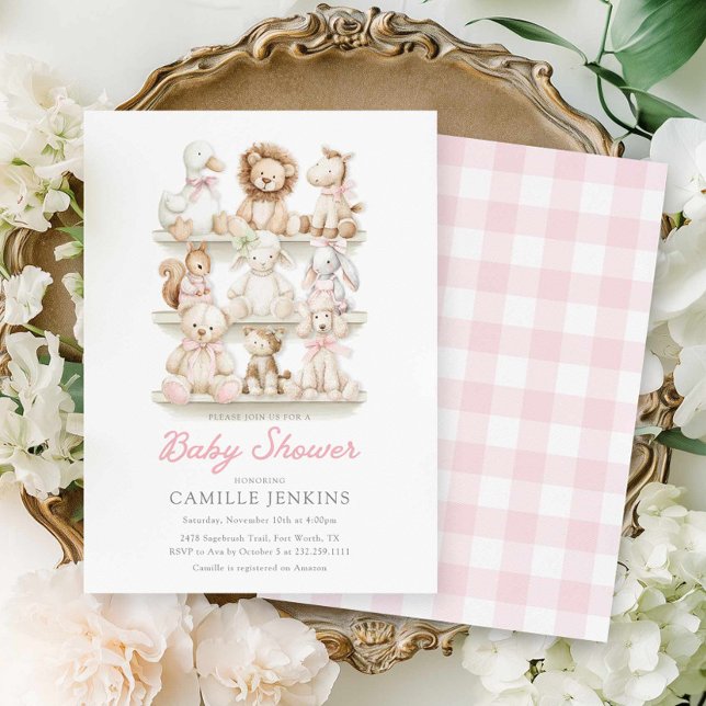 Convite Chuva de Algodão Rosa Bebê Animal Menina Chamada d (Pink Gingham Baby Animals Baby Shower Invite)