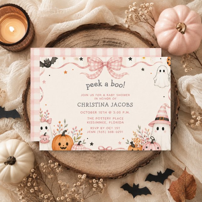Convite Chuva de Algodão Rosa Pequeno Boo Halloween Chás d (Pink Gingham Little Boo Halloween Baby Shower Invitation)