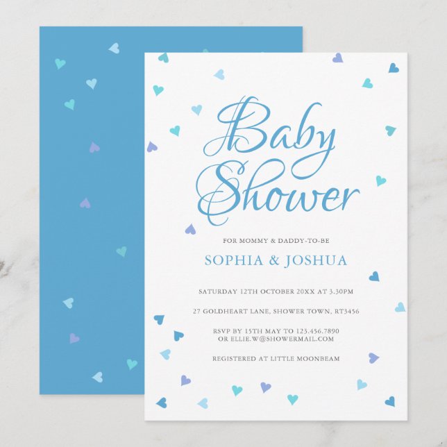 Convite Chuva de Amor Azul Moderno para Chás de Bebê Casai (Frente/Verso)