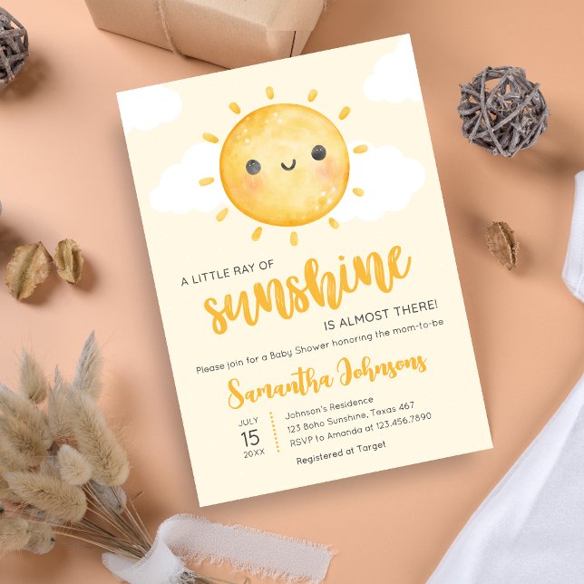 Convite Chuva de Amor Baby Shower (Little Ray of Sunshine Boho Baby Shower Invitation)