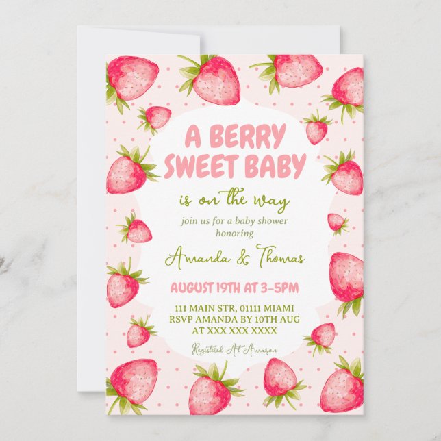 Convite Chuva de Amor Baby Shower de Morango (Frente)