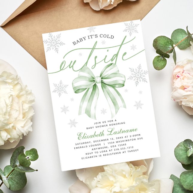 Convite Chuva de Amor Bebê Está Frio Fora Chuvada de Bebê  (Baby Its Cold Outside Coquette Green Bow Birthday Invitation
#winterbabyshower
#genderneutralshower)