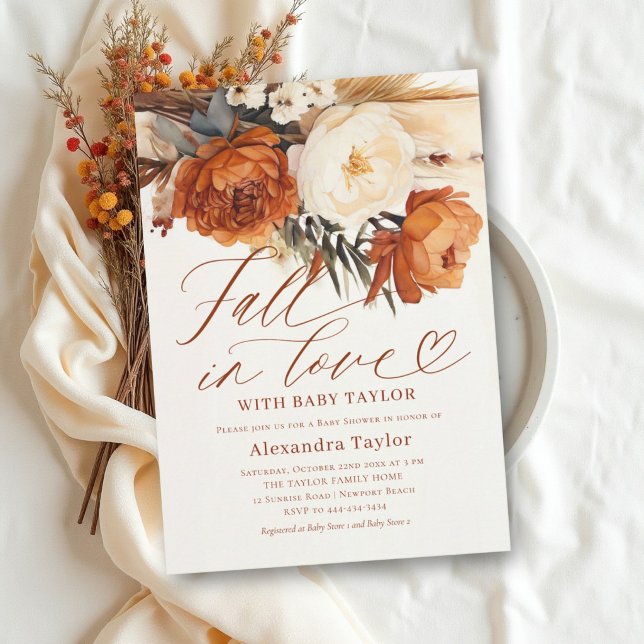 Convite Chuva de Amor Boho Pampas Rust Floral Chá de Bebê (fall baby shower invitation floral burnt orange beige calligraphy terracotta elegant modern)
