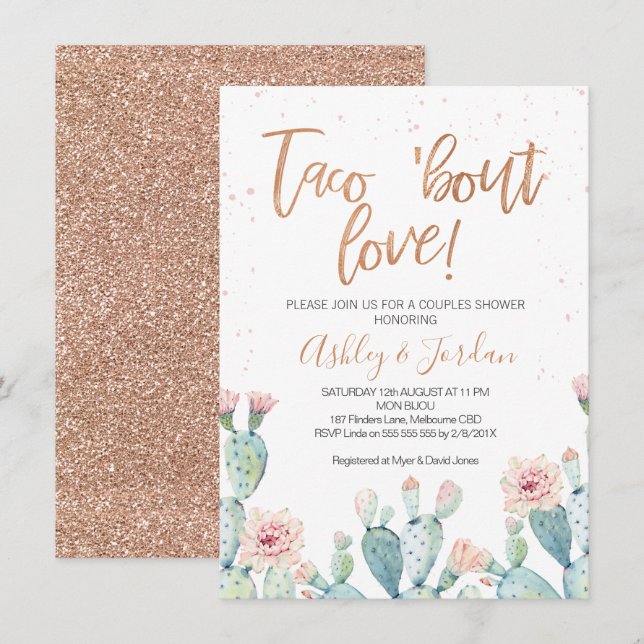Convite Chuva de Amor Casal Rose Gold Taco ''bout Amor (Frente/Verso)
