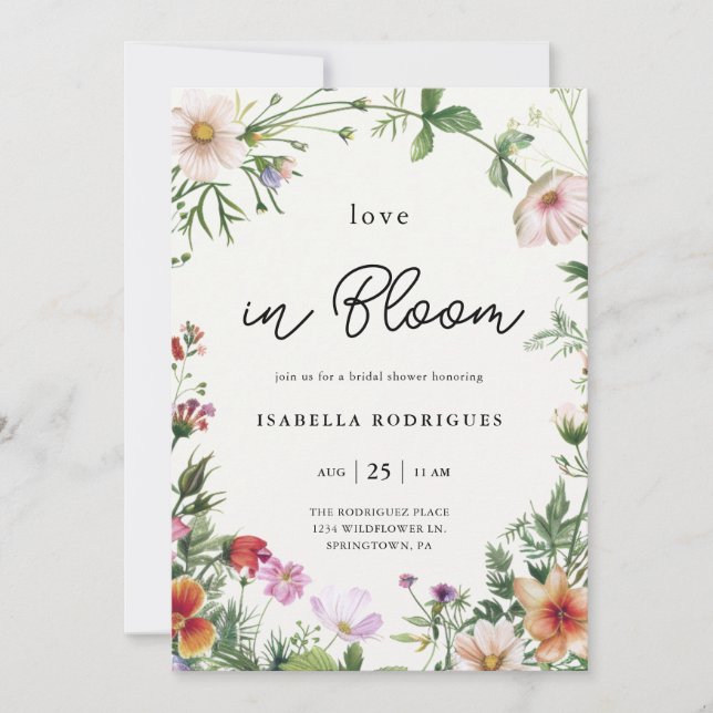 Convite Chuva de Amor Elegante de Flores Silvestres Chá de (Frente)