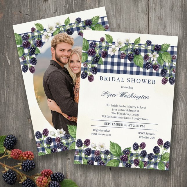 Convite Chuva de Amor em Xadrez de Amora Preta para Chá de (Bridal Shower invitation with custom photo, fruity blackberries and blue gingham by Darling & May)