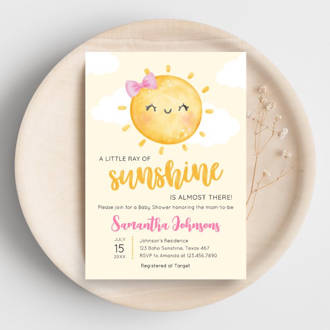 Convite Chuva de Amor Festa de Bebê Menina Raio de Sol (Little Ray of Sunshine Boho Baby Shower Invitation)