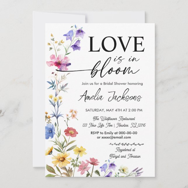 Convite Chuva de amor floral flores silvestres chá de noiv (Frente)
