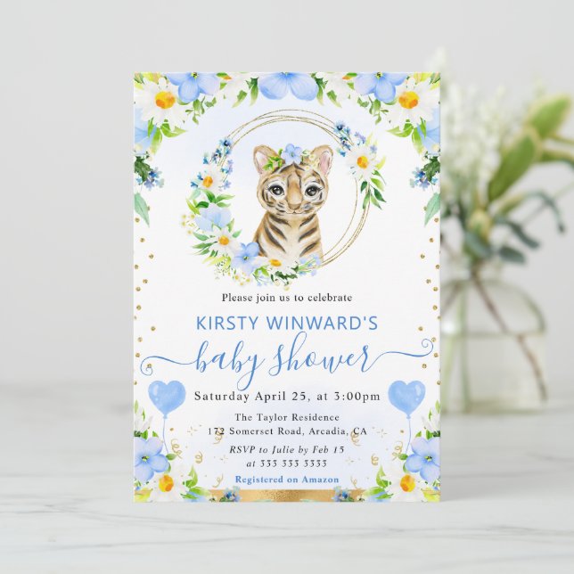 Convite Chuva de Amor Infantil Tigre da Selva Fofa em Aqua (Em pé/Frente)