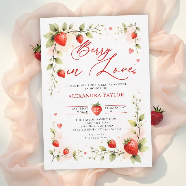 Convite Chuva de Amor Jardim de Morango Festa de Noivado d (berry in love bridal shower invitation card design floral botanical watercolor strawberry garden)