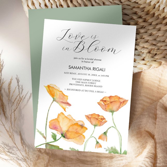 Convite Chuva de Amor para Noiva Floral Laranja (Love is in bloom bridal shower watercolor orange poppy flowers by Victoria Grigaliunas DoTellABelle)