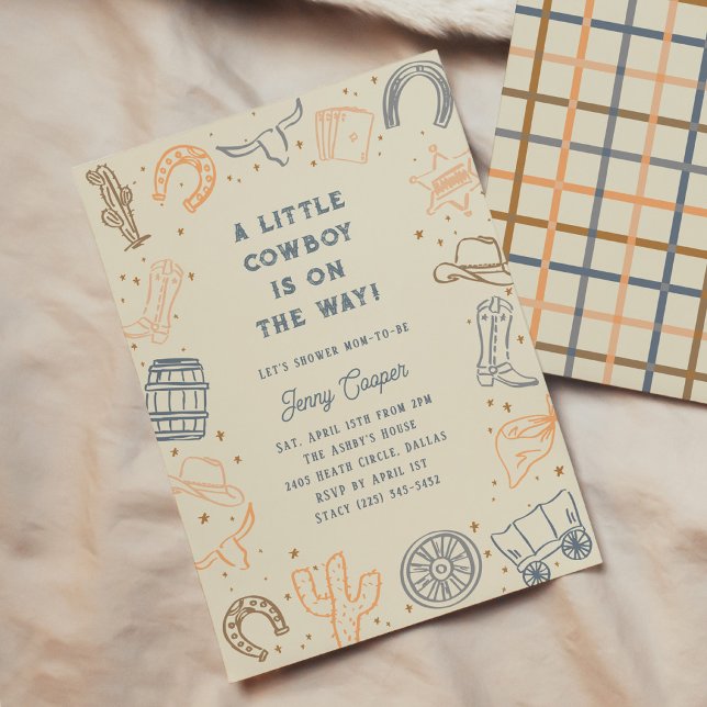 Convite Chuva de Amor para Pequeno Cowboy Shower de Bebê W (Little Cowboy on the Way Western Baby Shower Invitation)