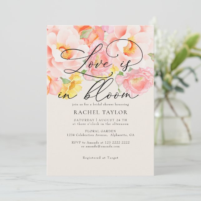 Convite Chuva de Amor Rosa Bege Chá de Noiva de Verão  (Em pé/Frente)