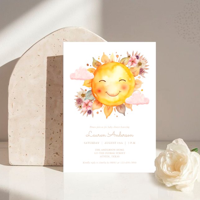 Convite Chuva de Amor Simples Rosa Floral Boho Sunshine Ba (Criador carregado)