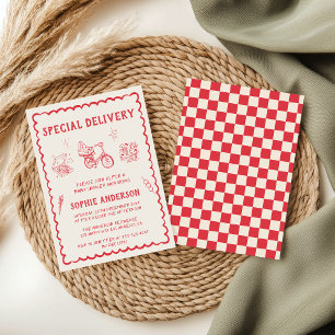 Convite Chuva de Amor Vermelho Retro Desenhado à Mão para