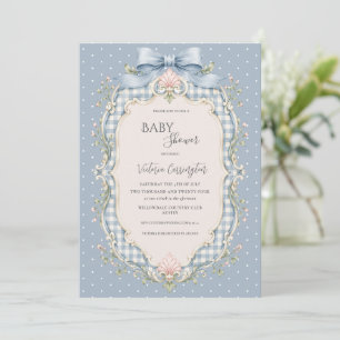 Convite Chuva de Amor Vintage Bebê Floral Rosa e Azul Xadr