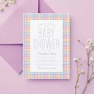 Convite Chuva de arco-íris xadrez gingham doce baby shower