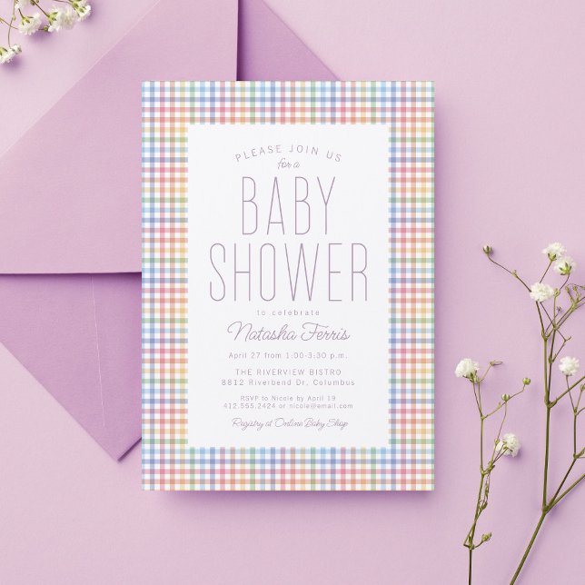 Convite Chuva de arco-íris xadrez gingham doce baby shower (Criador carregado)