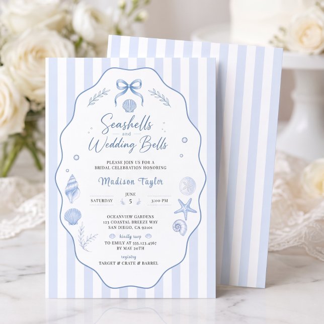 Convite Chuva de Arroz de Concha Marinha com Laço Listrado (Seashell Bridal Shower Blue Striped Bow Invitation)