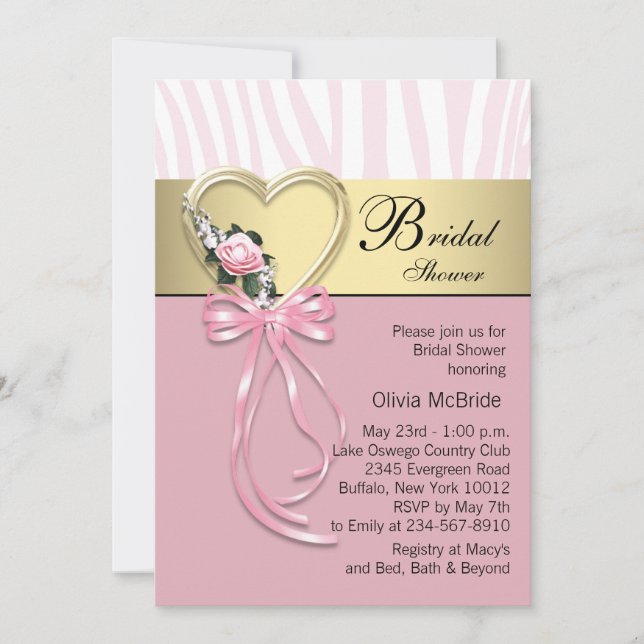 Convite Chuva de Arroz Zebra Dourada Rosa Zebra Casamento (Frente)