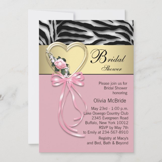 Convite Chuva de Arroz Zebra Dourada Rosa Zebra Casamento (Frente)