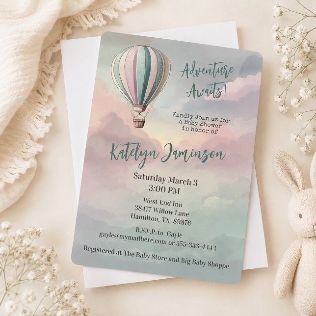 Convite Chuva de Aventuras no Balão de Ar Quente Baby Show (Adventure Awaits Hot Air Balloon Baby Shower Invitation)