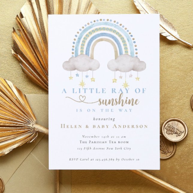 Convite Chuva de Azul Boho Arco-Íris Menino Baby Shower (Blue Watercolor Boho Rainbow Boy Baby Shower Invitation)