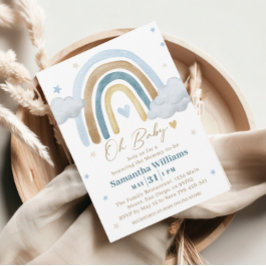 Convite Chuva de Azul Dourado Boho Baby Shower