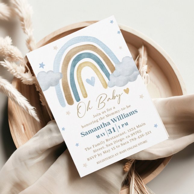 Convite Chuva de Azul Dourado Boho Baby Shower (Criador carregado)