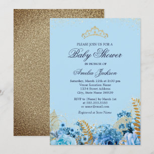 Convite Chuva de Azul Dourado Brilho Floral Baby Shower