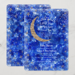 Convite Chuva de Azul Dourado Bronze Lua Estrelas Baby Sho