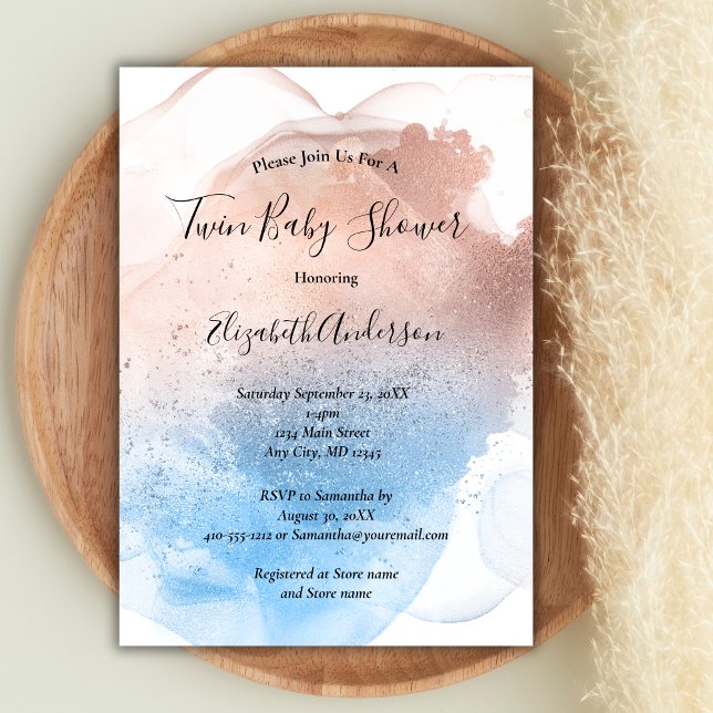 Convite Chuva de Azul e Rosa para Bebê Menino e Menina Gêm (Pink Blue Twin Baby Shower Invitation)