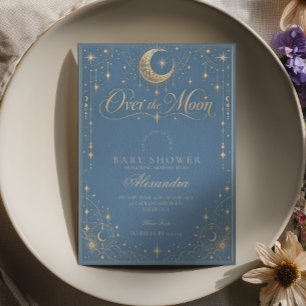 Convite Chuva de Azul Elegante Baby Shower Além da Lua