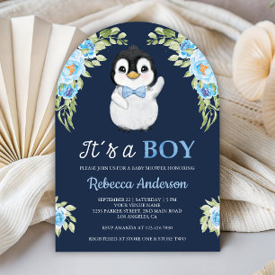 Convite Chuva de Azul Floral em Aquarela Pinguim Chá de Be