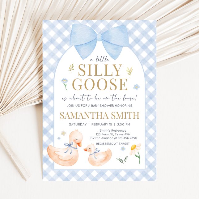 Convite Chuva de Azul Gingham Silly Goose Baby Shower (Little Silly Goose Baby Shower Invitation)