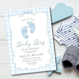 Convite Chuva de Azul Minimalista de Pegadas de Bebê Menin